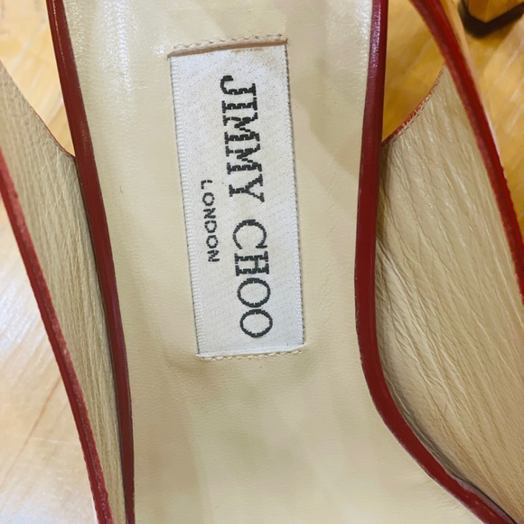 JIMMY CHOO Red Patent Leather Peep Toe Sling Back Pumps Gold Heel Sz 39 US 9 - Picture 2 of 13